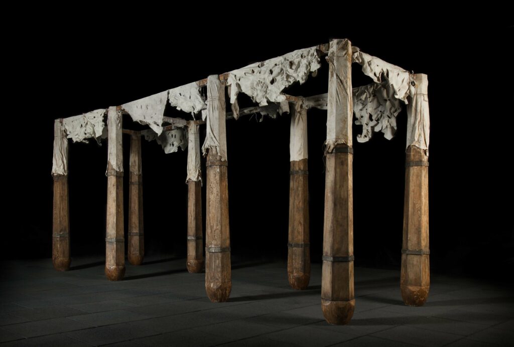 Mojtaba Amini, Halab! Halab!, 2017, 136x230x505 cm, wood, iron, animal glue, goatskin, salt